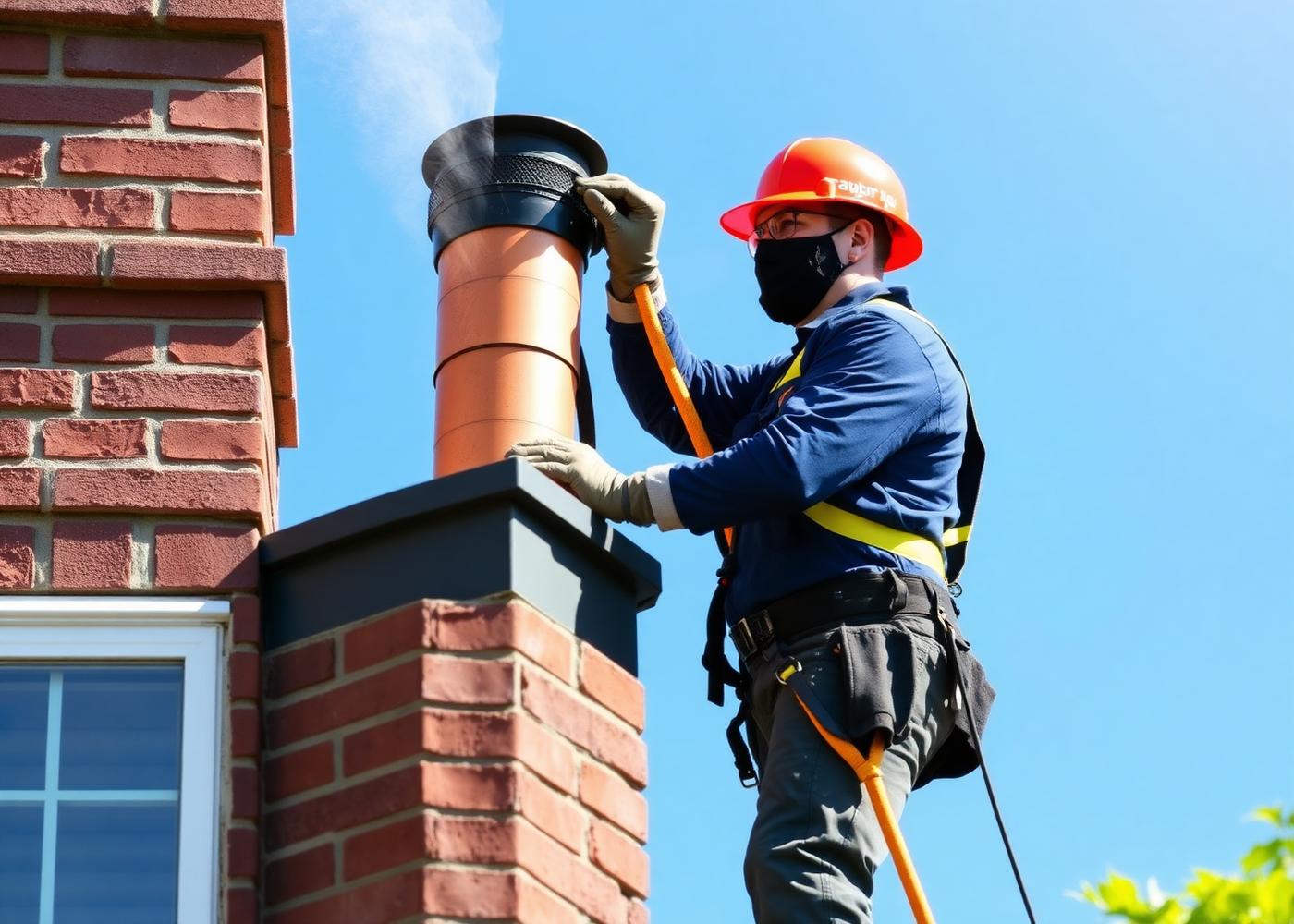 Chimney technician working on a brick chimney on a sunny day